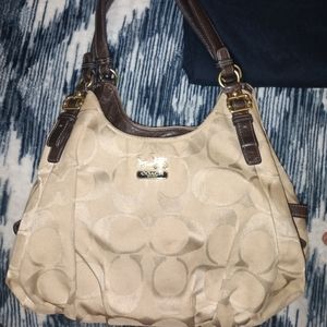 Coach Beige/Brown Signature Canvas and Leather Madison Maggie Hobo